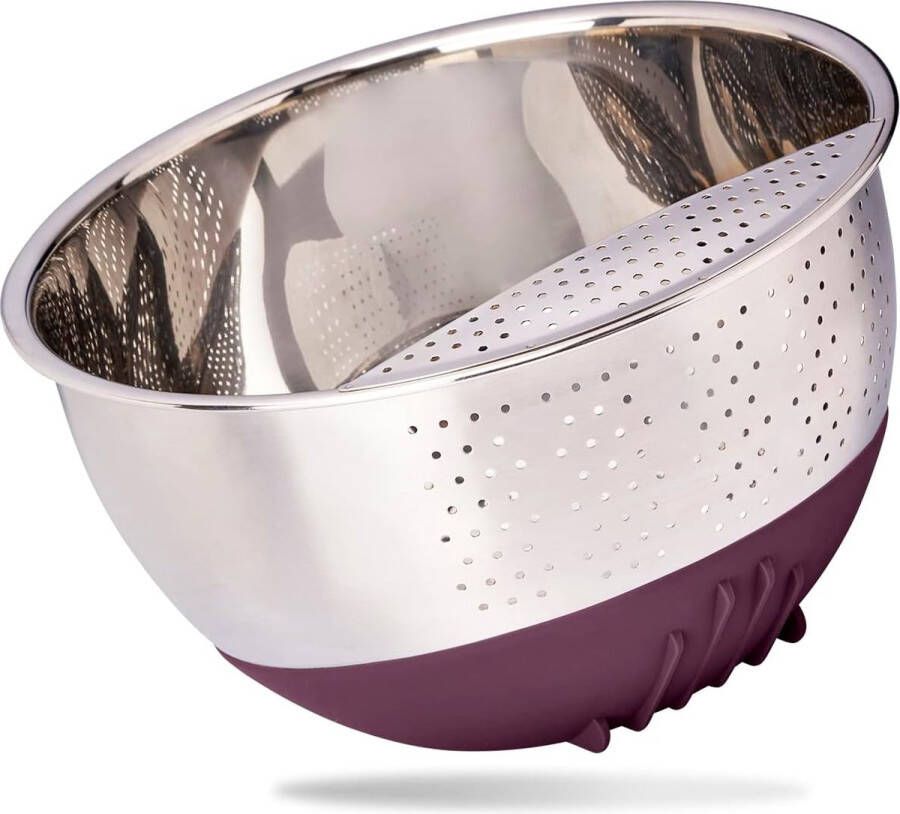 Reishunger Rijstwaskom van roestvrij staal (aubergine) – zeef voor het wassen van rijst en groenten – met antislip siliconen voet