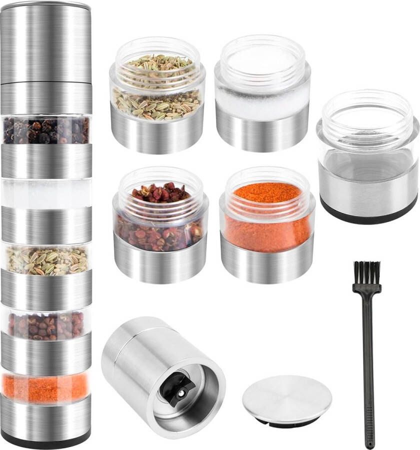 Reiskruidenset Kruidenpotjes Camping Outdoor Kruidenpotjes met molen 5-in-1 Mini-zoutstrooier voor onderweg met 1 x reinigingsborstel Roestvrij staal Draagbare kruidenstrooier voor picknick BBQ Reizen Kruidenpotjes