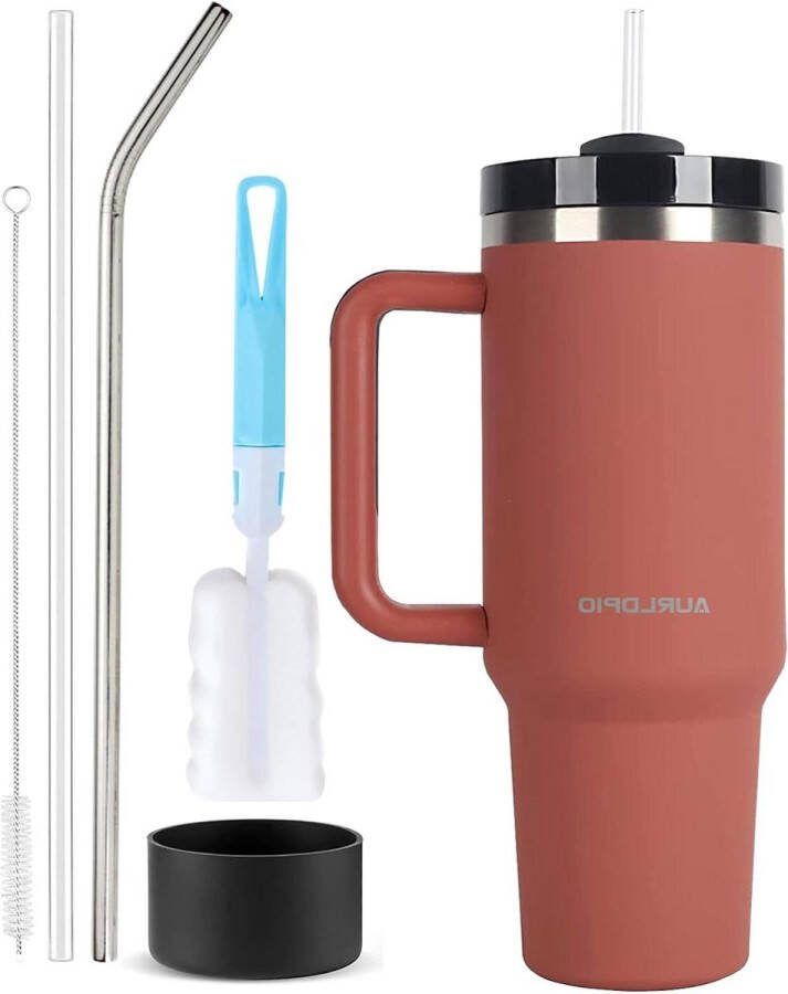 Reismok met rietje en deksel 1182 ml roestvrij staal dubbelwandige vacuüm geïsoleerde koffiebeker warme en koude koffie handvat voor onderweg Aurldpio travel coffee mugs with handletravel coffee mugs with handle