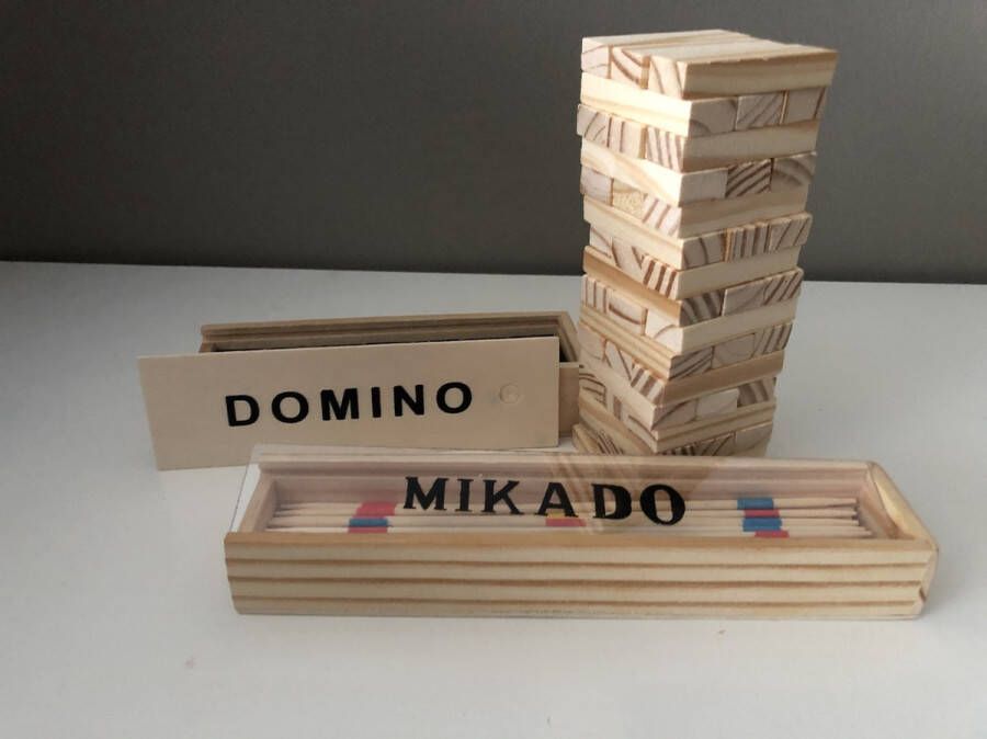 Reisspel Domino + Mikado + Jenga houten toren 3 fantastische reisspellen- de ideale reisspelletjes