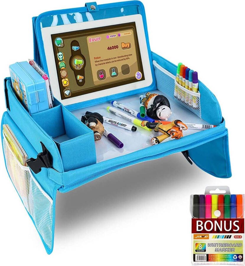 Reistafel voor kinderen multifunctionele tafel voor iPad en kleurpotloden Draagbaar en opklapbaar Voor in de auto of op de bank Blauw