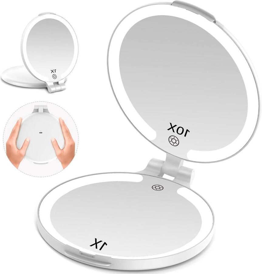 Make-up spiegel Reizen 7'' met Lichten 10X Vergrootglas Draagbare Dubbelzijdige Vanity Spiegel Oplaadbaar Essentiële Reizen Geschenken voor Vrouwen