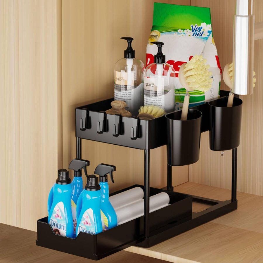 Rek 2 etages voor onder wastafel spoelkastorganizer met schuiflade spoelkastrek onderkastorganizer met 4 haken en 2 kopjes organizer voor onder de gootsteen voor badkamer keuken zwart