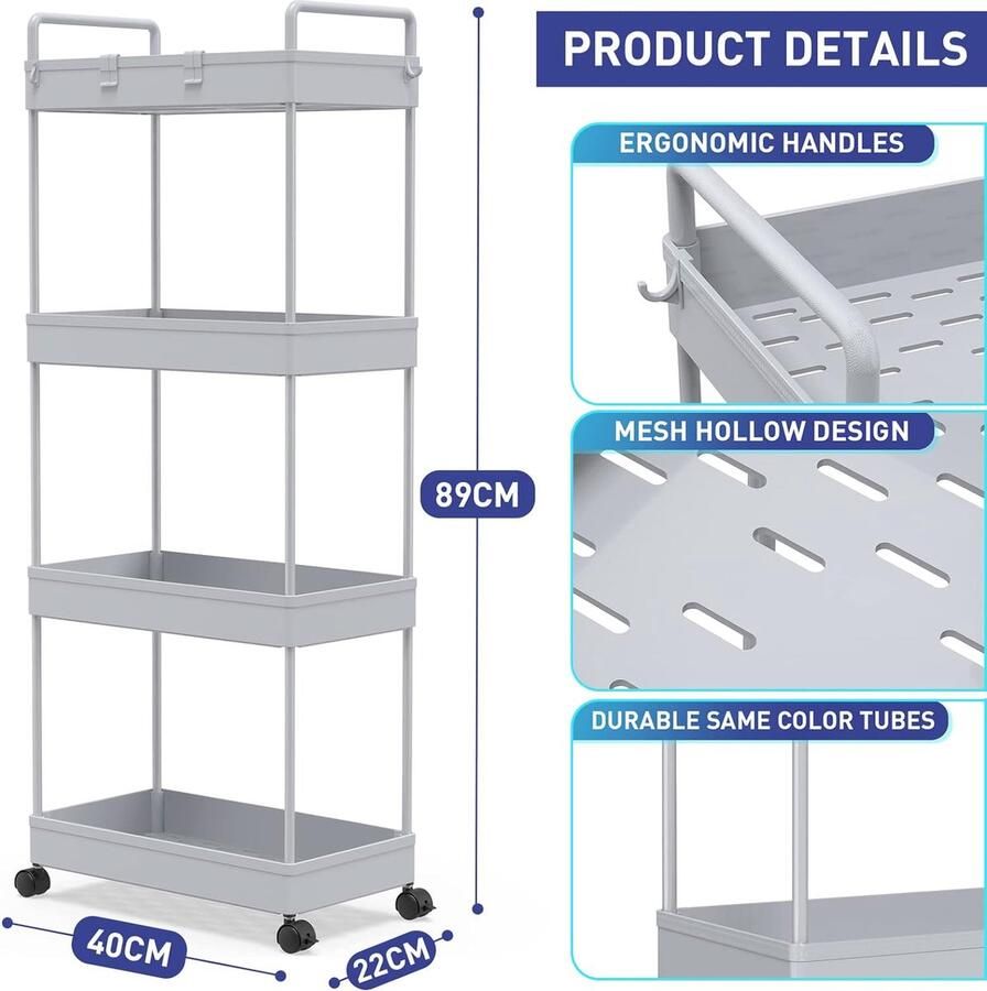 Rek op wielen plank organizer keukenrek keukentrolley keukenplank 22D x 40B x 89H centimeter
