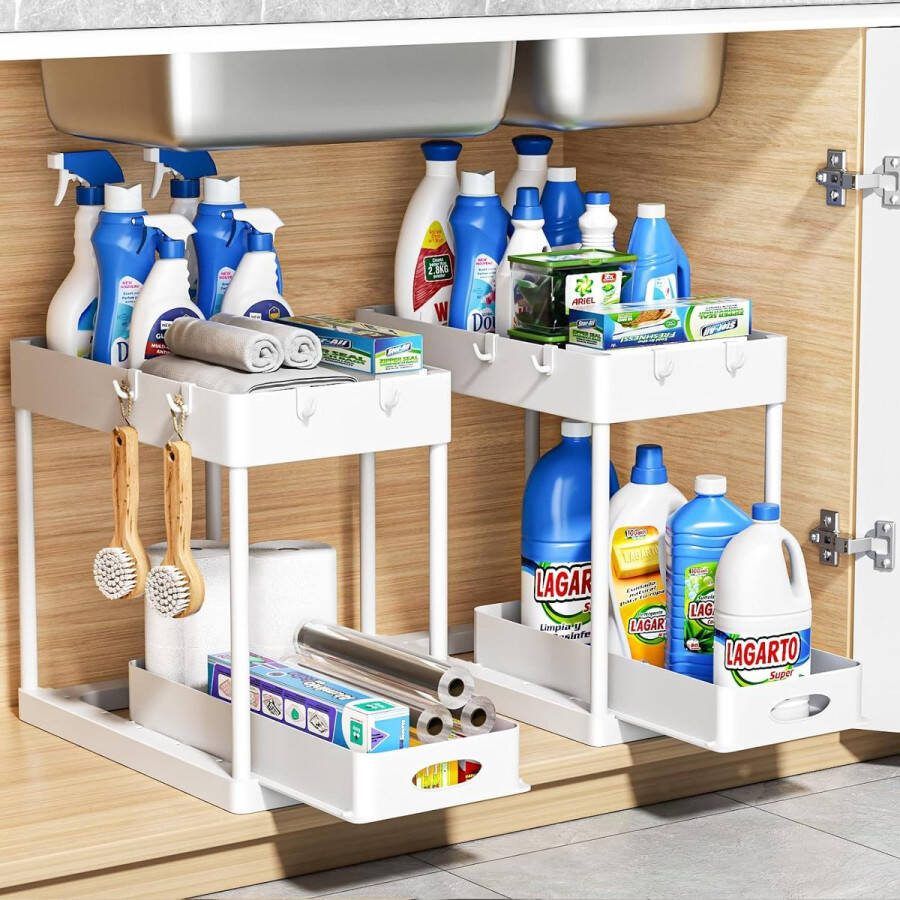 Rek voor onder de wastafel gootsteenorganizer met 4 haken keukenorganizer kruidenrek keukenrek met schuiflade onderkastrek kastorganizer make-uporganizer (2 stuks wit)