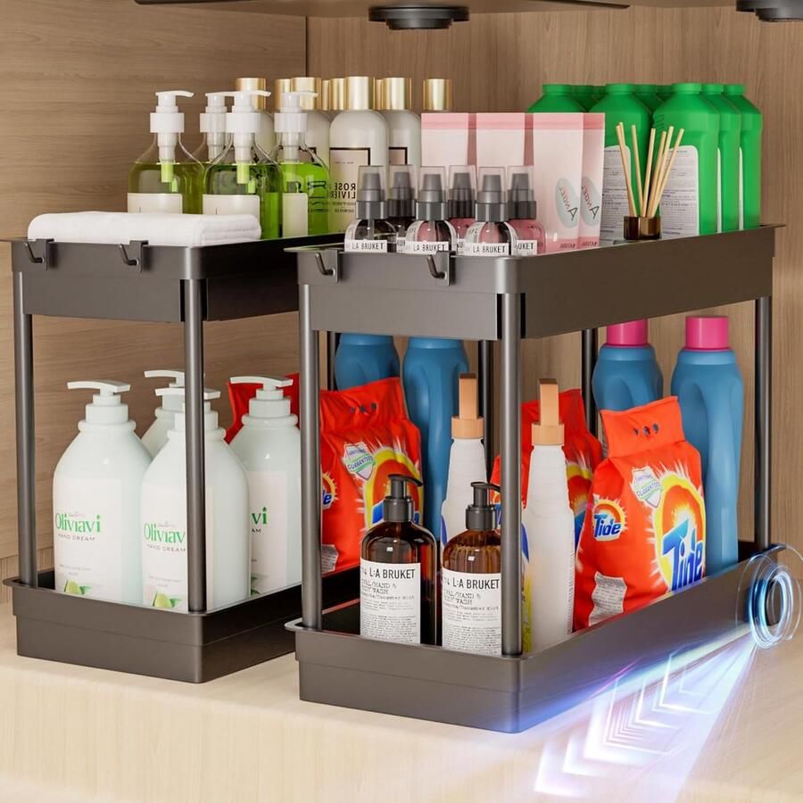 Rek voor onder wastafel 2 etages spoelkastorganizer keukenkast organizer met 4 haken spoelkastorganizer voor keuken badkamer (zwart 2 stuks)