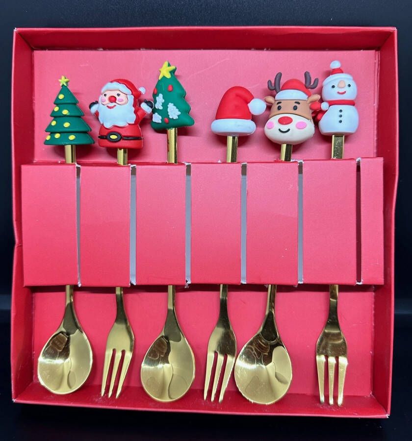 Relaxation Kerst koffielepel gebaksvork set 6 stuks goudkleurig in geschenkverpakking