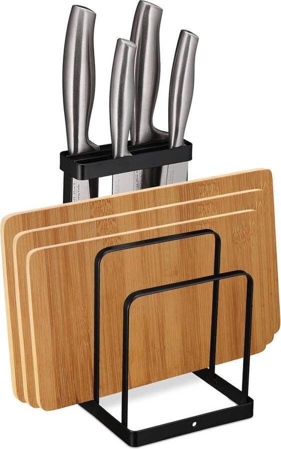 Relaxdays 2 in 1 snijplanken- & messenhouder metaal messenstandaard snijplankenstandaard keuken organizer zwart