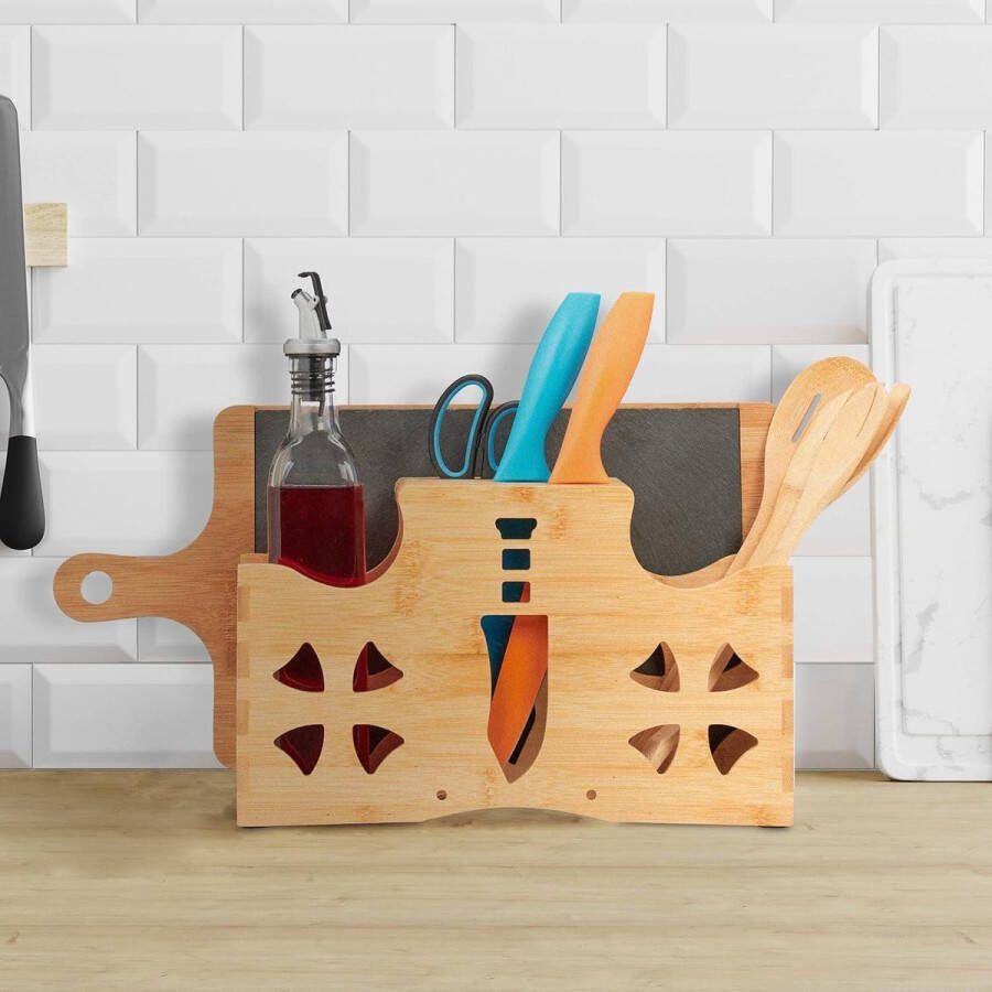 Relaxdays bamboe bestekhouder Grote keukengerei houder Snijplankhouder Messenhouder HxBxD: 20 x 33 x 17 cm naturel