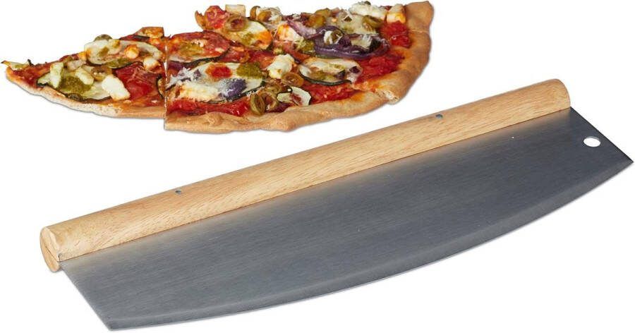 Relaxdays pizza wiegemes van roestvrij staal met houten handvat HxB: 12 x 35 cm pizzasnijder pizzames zilver