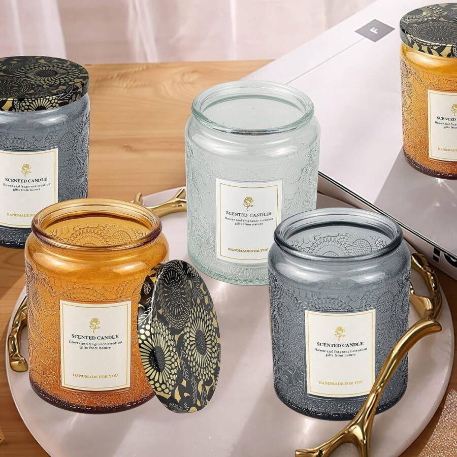 Reliëf glazen kaars potten container met blikken deksels en kaarslabel waarschuwingslabel voor kaars maken kaars DIY Craft 9 pack (mix)