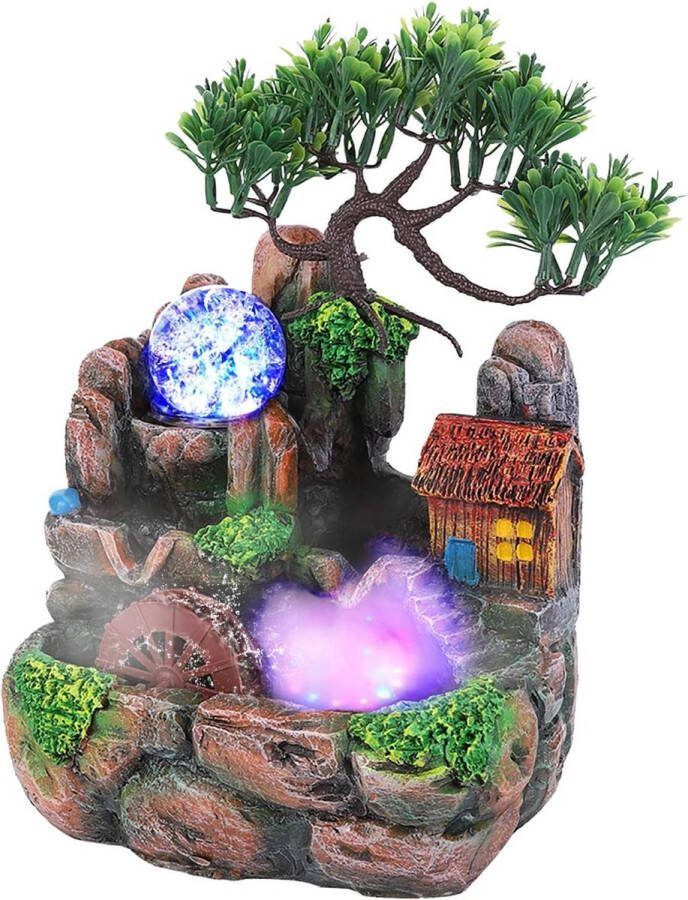 Resin Desktop Fountain Rockery Decoration Mini Silent Indoor Ornament Desk Water Fountain with LED Lighting Home Decoration (220V EU Plug)