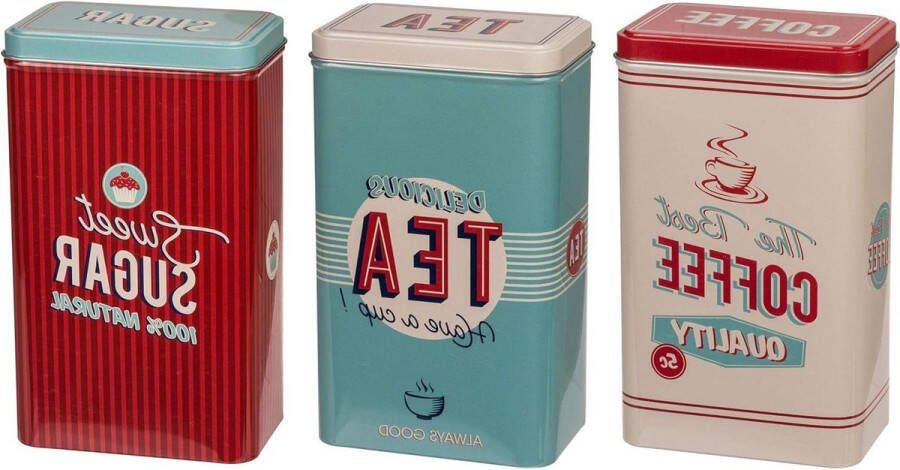 Retro Metalen Blikje Coffee Tea & Sugar Koffieblik Theeblik Suikerpot Met Deksel Vintage Design Rood Turquoise Crème