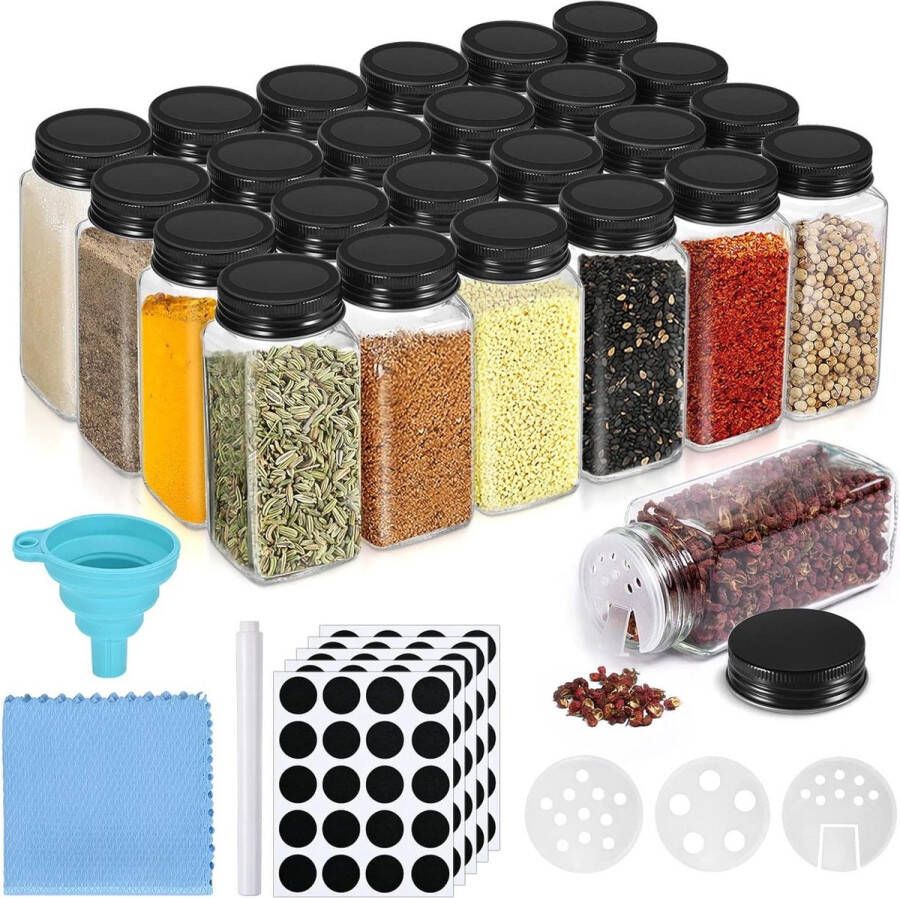 Revivoer kruidenpotjes 120 ml Set van 24 glazen specerijenpotjes Met siliconen trechter en kruidenetiketten Keukengerei en keukenaccessoires Zwart kruidenpotjes vierkant