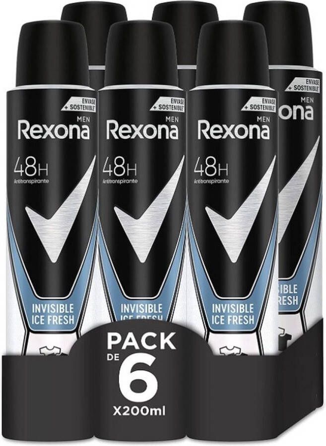 Rexona Men Deodorant 6 x 200 ml. Invisible Ice Fresh MotionSense Voordeelverpakking Anti-Transpirant 0% Alchol