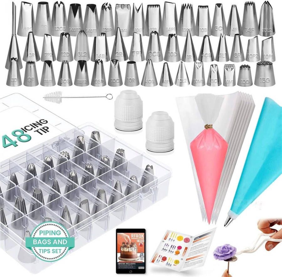 RFAQK 74 stuks spuitzakken en spuitmonden Cake Decorating Kit-48 genummerde glazuur spuitmonden met patroon grafiek & eBook-Flower Lifter & Nail Icing Bags en Nozzles Set Cake Piping Nozzle Set &