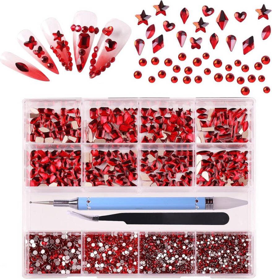 Rhinestones Kit for Nail Art 3320pcs 3D Mix Rhinestone Crystals 24 Types of Special-shaped Diamonds + 3000 Nail Rhinestones Acrylic Nails Crystal Kit with Drill Pen (Big Red)