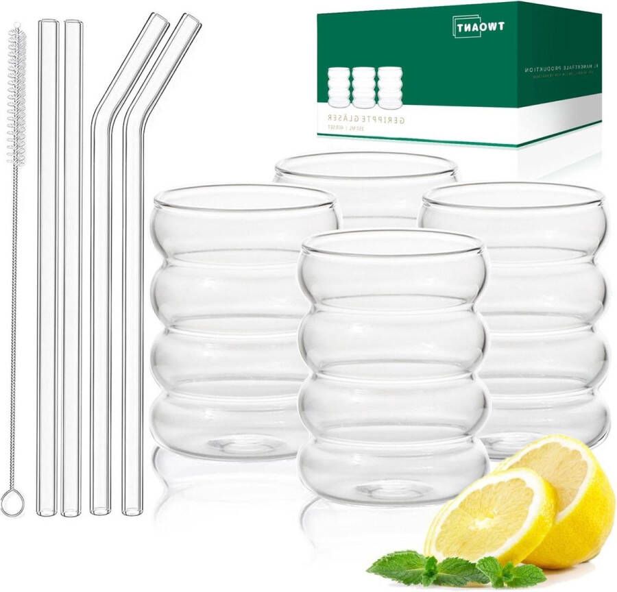 Ribbel drinkglazen 350 ml set van 4 cocktailglazen golfvormige waterglazen drankglazen sapglazen glazen rietjes borstels