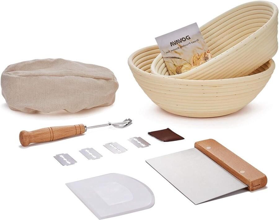 Rijsmandjes set van 2 ronde en ovale diameter 25 cm gaarmand voor brood deegschraper siliconen en roestvrij staal bakkersmes met 5 scheermesjes linnen inzetstuk brood en brooddeeg