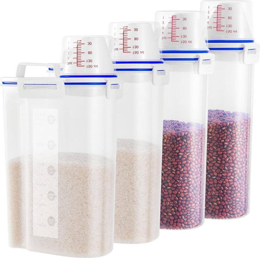 Rijstdispensers 45 kg set van 4 kleine rijstemmer met maatbeker en schenktuit keuken kunststof luchtdichte container granen graan meel suiker havermout droog hondenvoer voor huisdieren rice dispencer