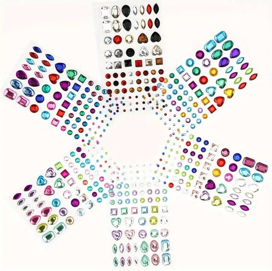 RiLeo Strass Steentjes Zelfklevend Acryl edelstenen Steen Steentjes Diamant Schitterend Glimmend Glitter Knutselproject Plakboek Festiviteit Feestelijk Gezichtsdecoratie Festival Carnaval 486 stuks 6 vellen