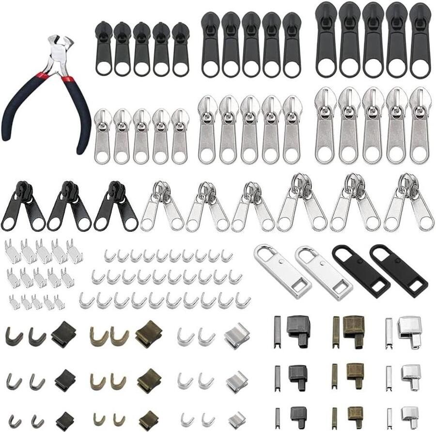 Ritssluiting reparatie set 134 stuks ritssluiting vervangingsset zinklegering ritssluiting stopper rits eindstukken tangen ritsen repareren Ritssluiting reparatie set