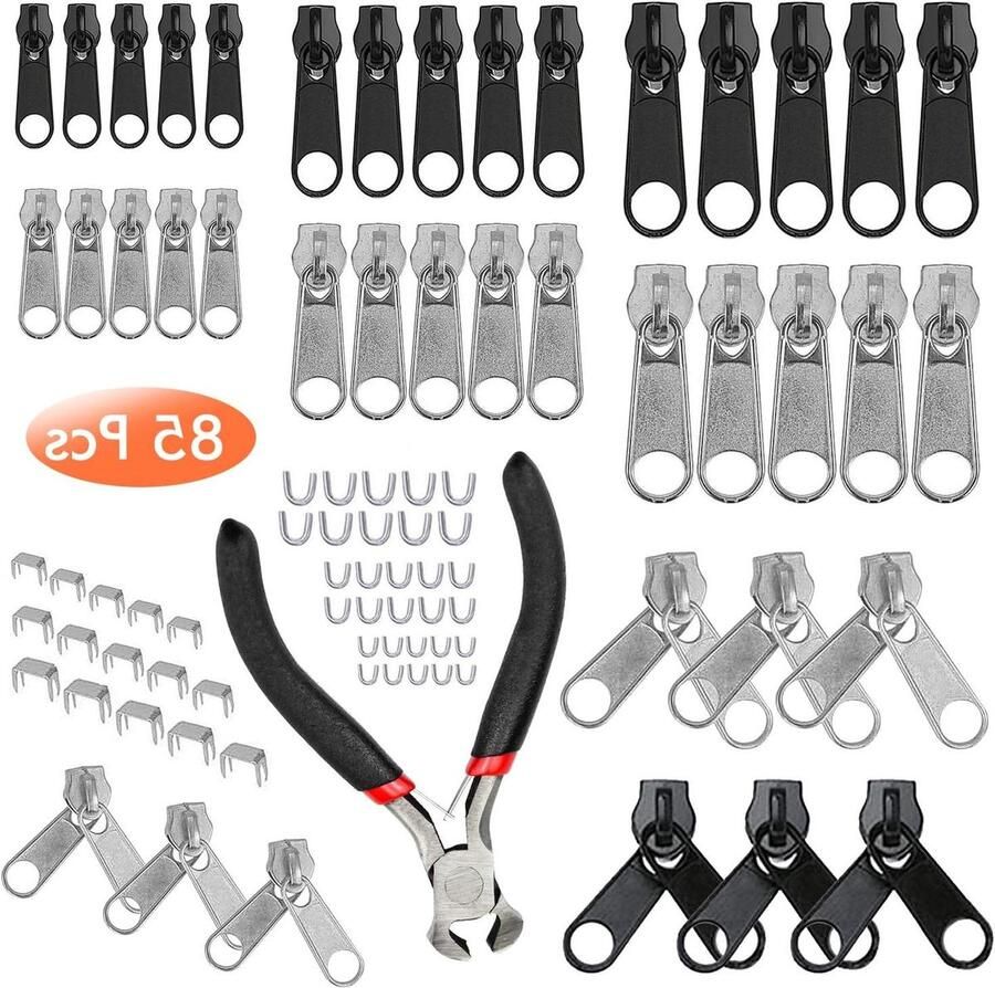 Ritssluiting reparatie set 85 stuks Rits reparatie kit Rits slider vervanging Metalen pull tabs Zip fixer onderdelen Rits tang Reparatie jeans Jassen Jas rits Zilver Zwart Ritssluiting reparatie set