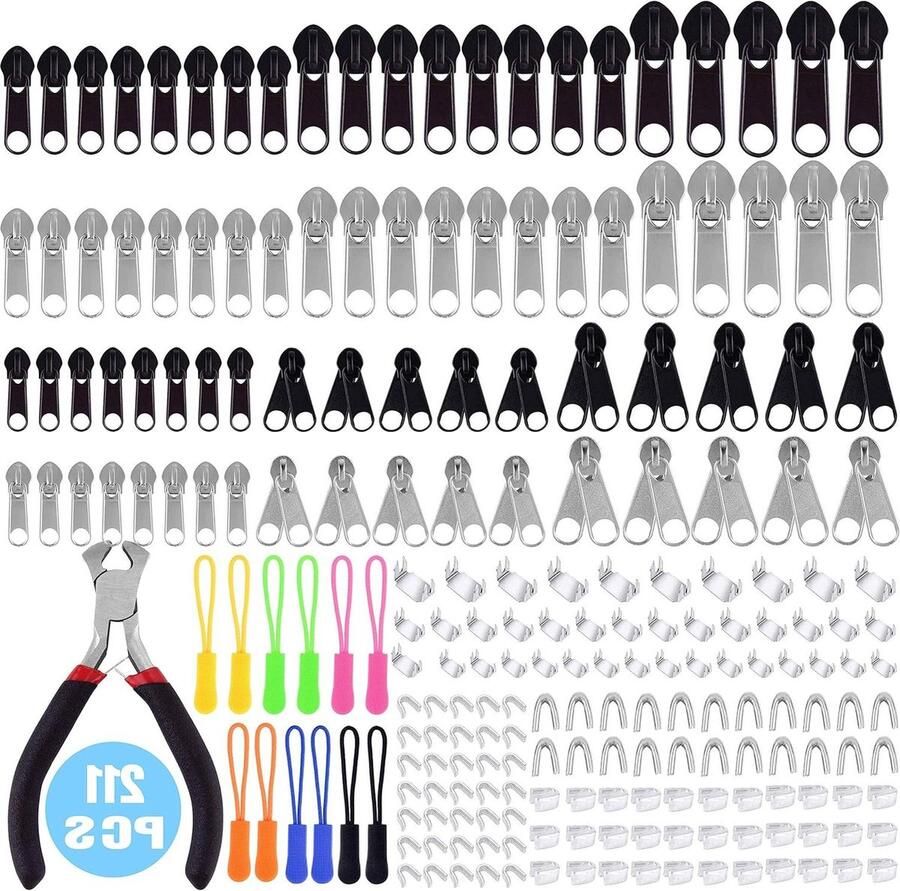 Ritssluiting reparatie set met tang voor doe-het-zelf Rits reparatie kit Rits vervanging Tassen jassen bagage rugzakken Zilver en zwart Ritssluiting reparatie set