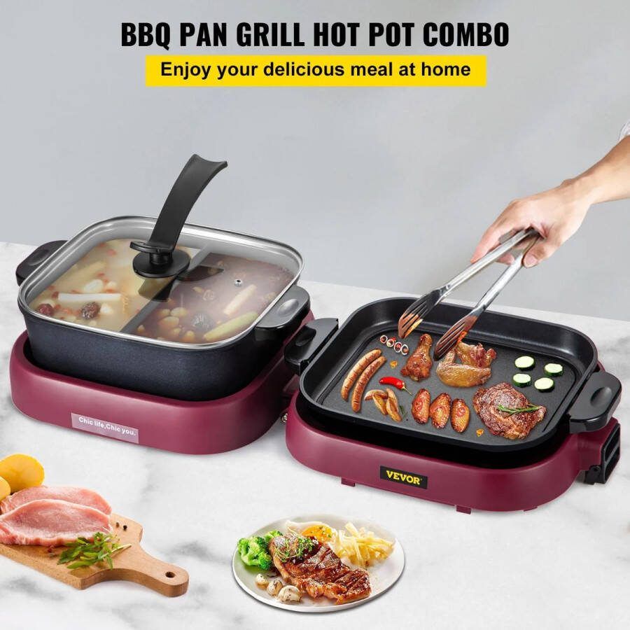 RM Store 2 in 1 Elektrische Grillplaat En Pot Multifunctionele Opvouwbare Grill Apparaat Anti Aanbaklaag Afzonderlijke Thermostaat 70x29x25 5 cm 3.6L
