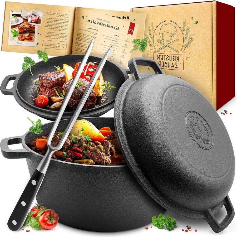 Robuuste 26 cm gietijzeren braadpan met deksel ideaal als stoofpan inductie Dutch Oven set Kazan Cast Iron Pot kookpan incl. vleesvork