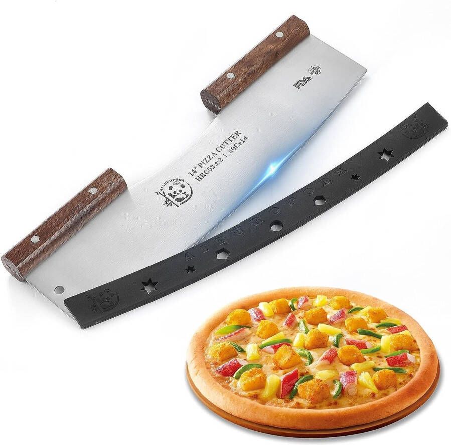 Rocker Sharp Pizzasnijder 30Cr14 inch lemmet van 30 Cr14 van roestvrij staal met comfortabele handgreep van walnoot en beschermende afdekking (zilver)