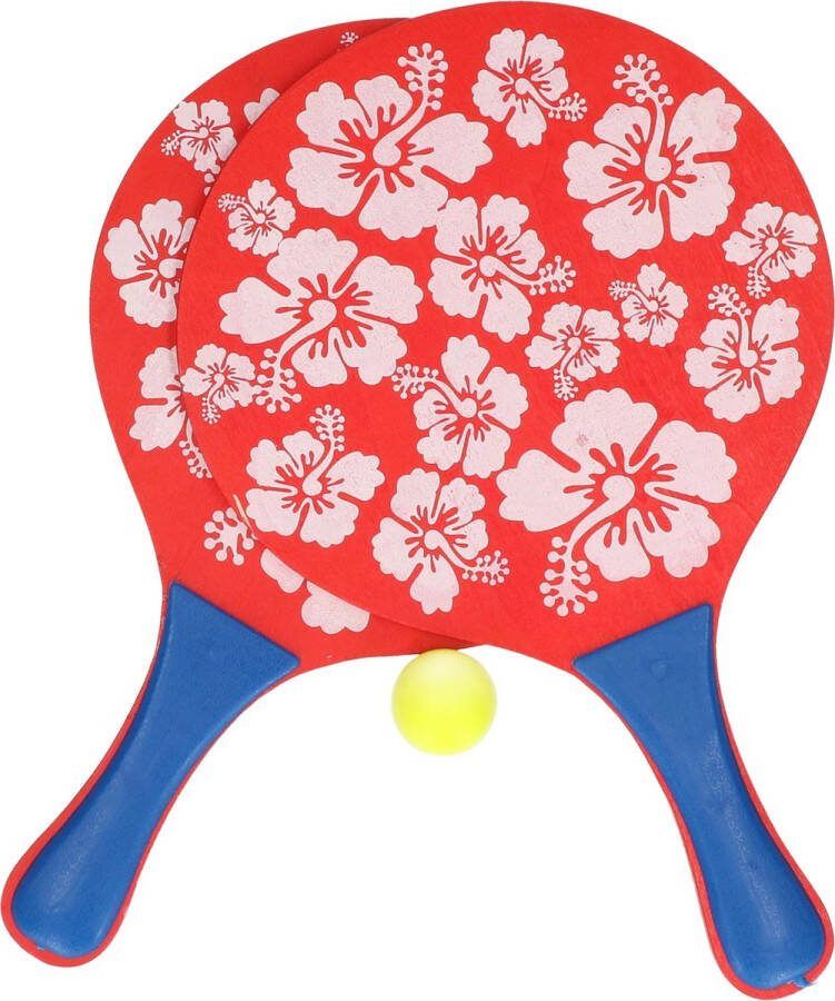 Rode beachball set met bloemenprint buitenspeelgoed Houten beachballset Rackets batjes en bal Tennis ballenspel