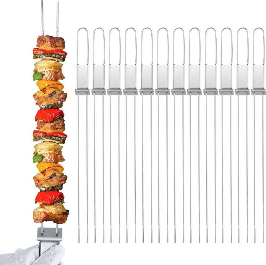 Roestvrij staal 10 stuks 43 cm grillspiesen platte roestbescherming duwstang anti-roll lange kebab spiesen herbruikbaar dubbele vork vleespennen Kebab skewers