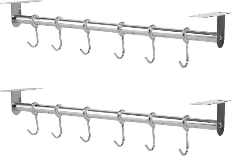 Roestvrij Staal 40 cm Haaklijst Zelfklevend 2 Stuks Keukengerei met 6 Haken Keukengereihouder voor Keuken en Badkamer ophangrek keukengerei