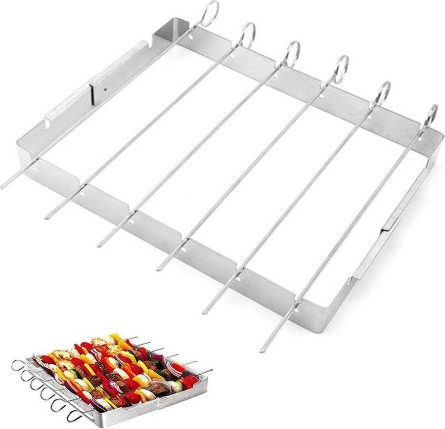 Roestvrij staal BBQ grillen spiesjes rack Herbruikbare tools met 6 barbecue spiezen Geschikt voor buiten barbecue verjaardagsfeest picknick camping 105 cm
