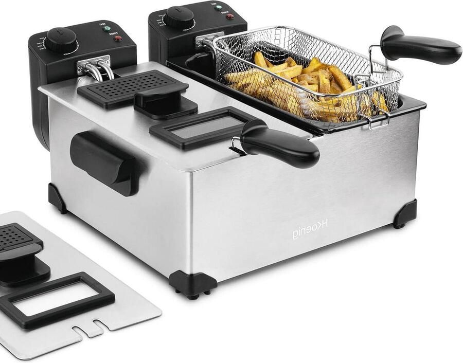 Roestvrij staal dubbele bak Friteuse 3 l DFX600 2 onafhankelijke thermostaten Afneembare manden Vaatwasmachinebestendig Geurfilter Oververhittingsbeveiliging