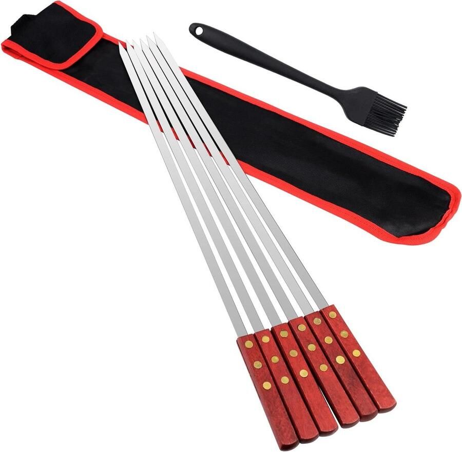 Roestvrij Staal Houten Handvat Spiesjes 6 Stuks Platte BBQ Spiesjes Olieborstel Opbergtas Extra Lange Metalen Spiesjes Vlees Groenten BBQ Feestjes