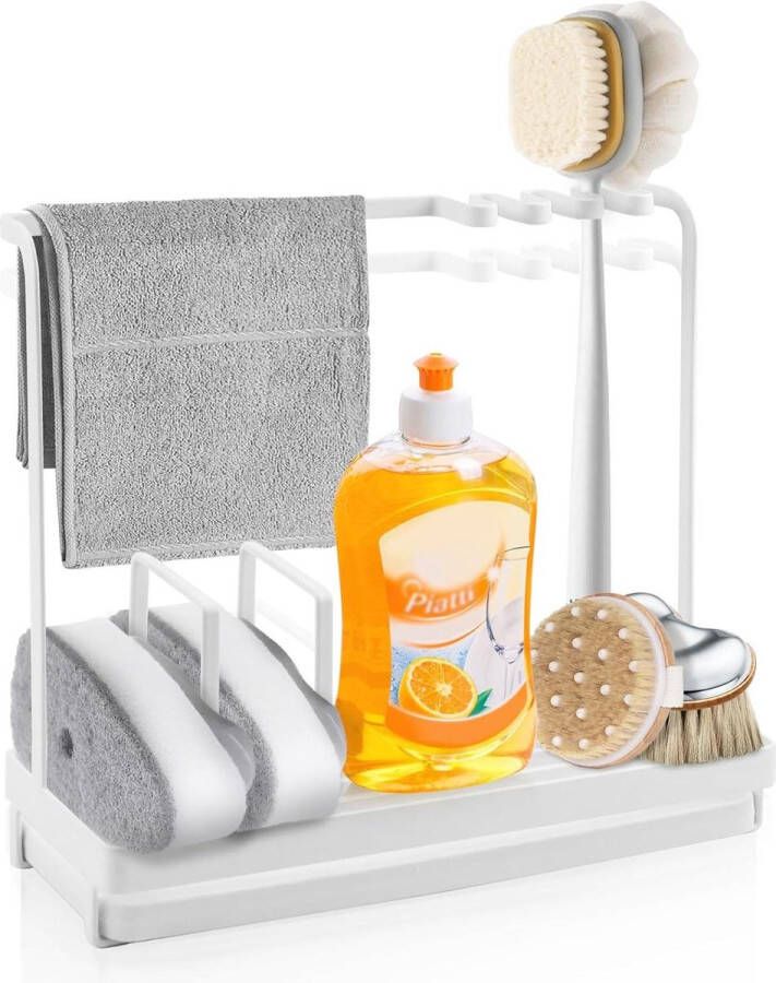 Roestvrij staal spoelbak-organizer 25 cm x 9 cm x 22 cm keukenorganisatie gootsteen sponshouder afwasborstel met afwasmiddeldispenser (wit)