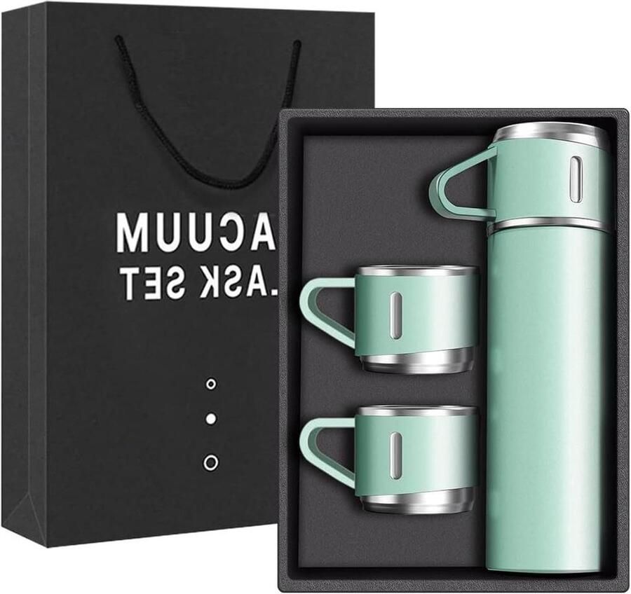 Roestvrij staal vacuüm geïsoleerde waterfles 500ml-16oz met beker warme koude drank reismok groen drie kop