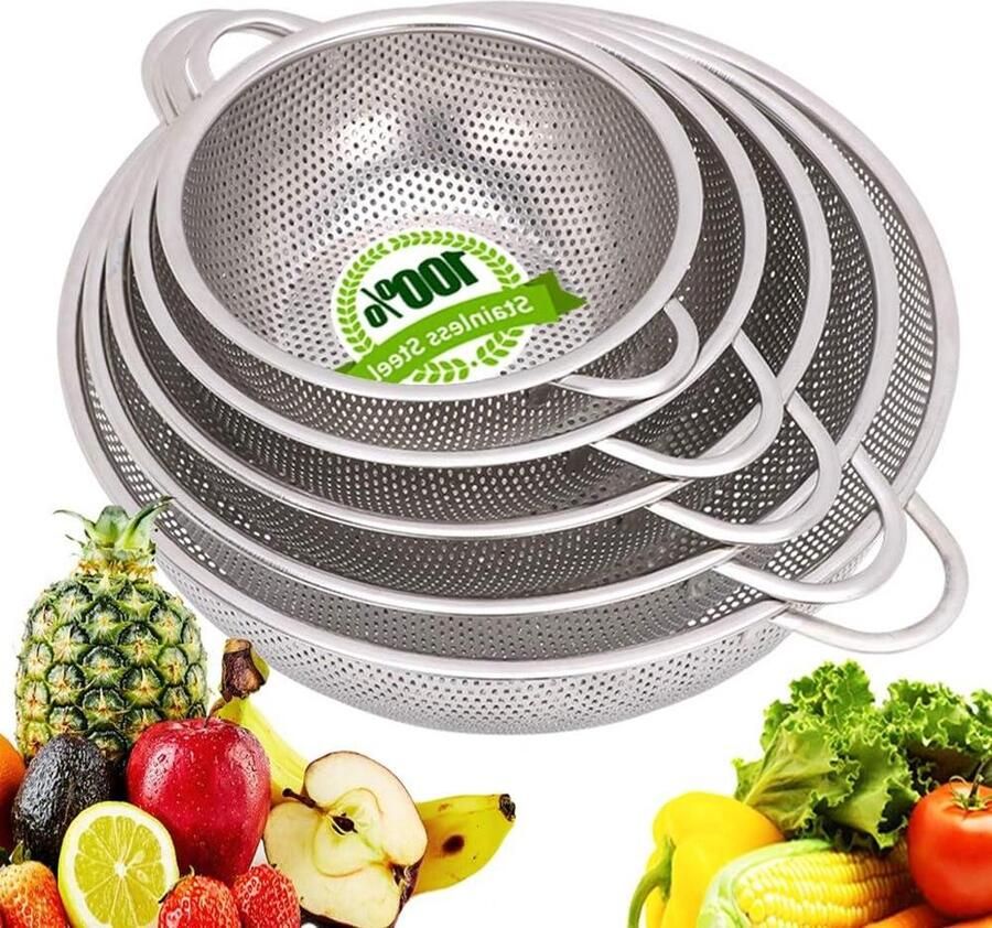 Roestvrij staal vergiet set metalen vergiet met handvat gaas vergiet geperforeerde zeef keuken pasta-groente-rijst-fruit-voedsel zeef vaatwasmachine set van 5 (75 inch-87 inch-98 inch-115 inch-122 inch)