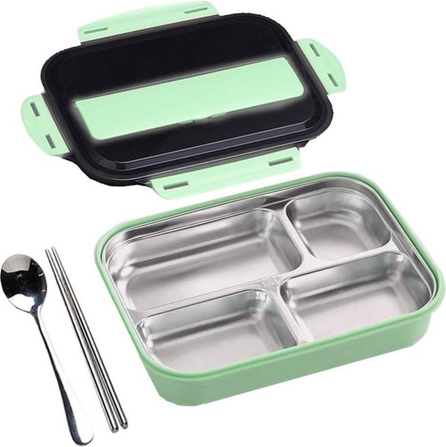Roestvrij stalen Bento Lunchbox voor volwassenen en kinderen voedselcontainer met compartimenten en bestek set groen 4 compartimenten