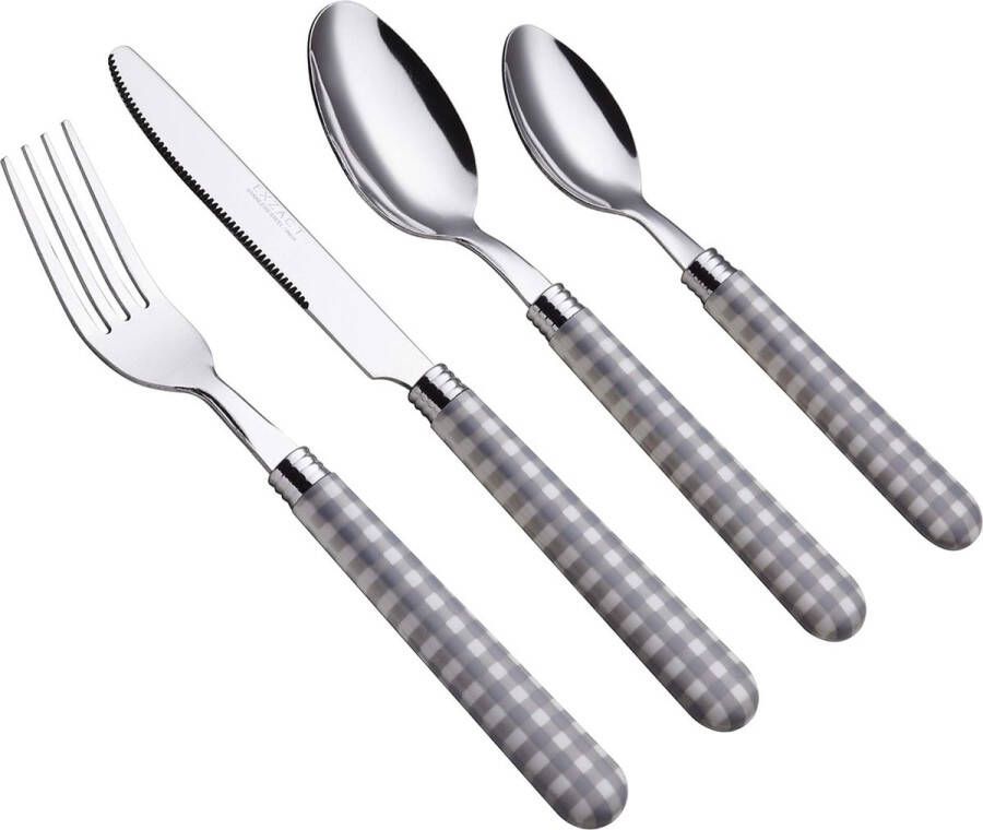 Roestvrij stalen bestekset 24 stuks Gingham gekleurde handgrepen 6 x tafelvorken 6 x tafelmessen 6 x avondeten lepels 6 x theelepels (24 x grijs)