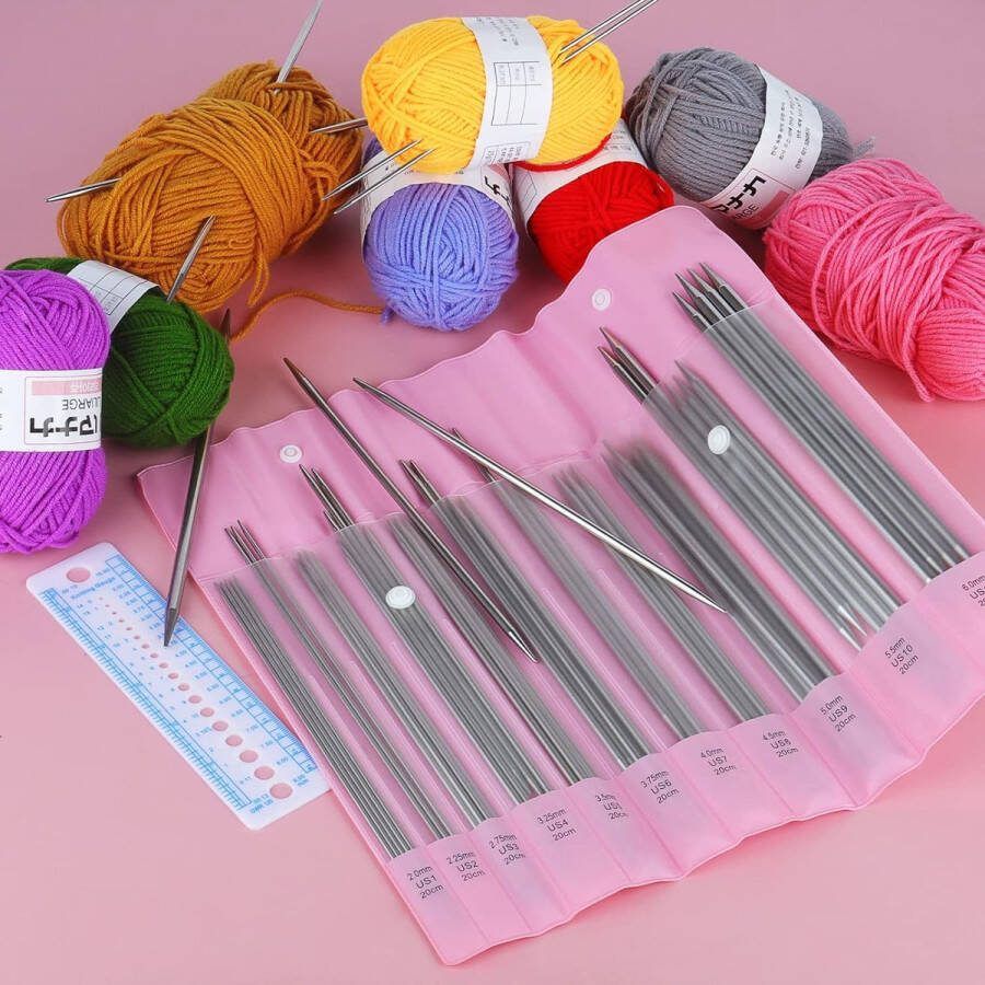 Roestvrij stalen breinaaldenset 20 cm dubbele puntige breinaalden en naaldhouder 2 0 mm 6 0 mm rechte breinaalden voor sokken 55 stuks complete naaldenset voor beginners volwassenen en