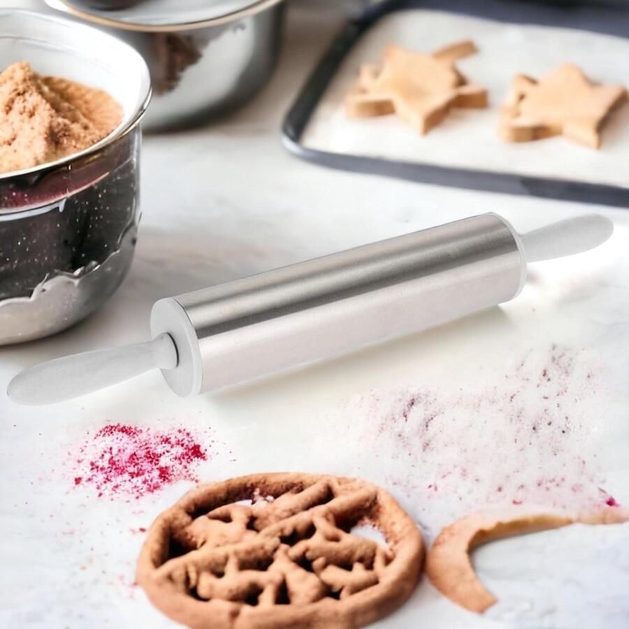 Roestvrij stalen deegroller met gekleurde kunststof handgrepen voor fondant pizzadeeg caketijk deeg kruimeldeeg lichtgrijs