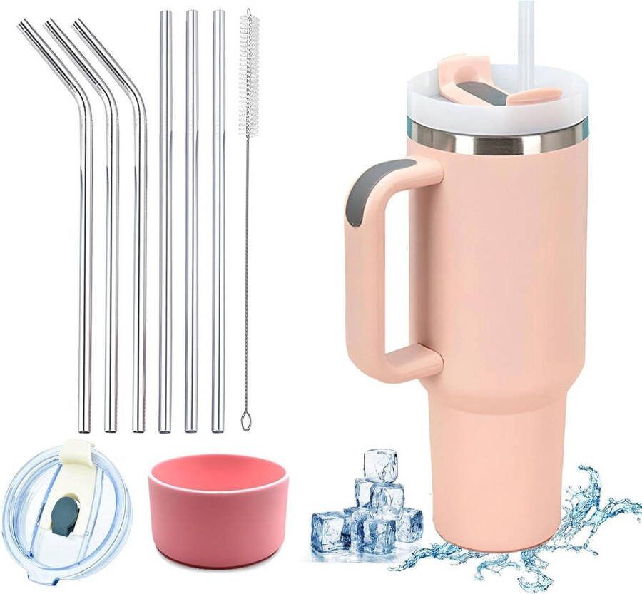 Roestvrij-stalen dubbelwandige thermosbeker met handvat autobeker koelbeker reisbeker rietje en lekvrije deksel 10-delige set lichtroze