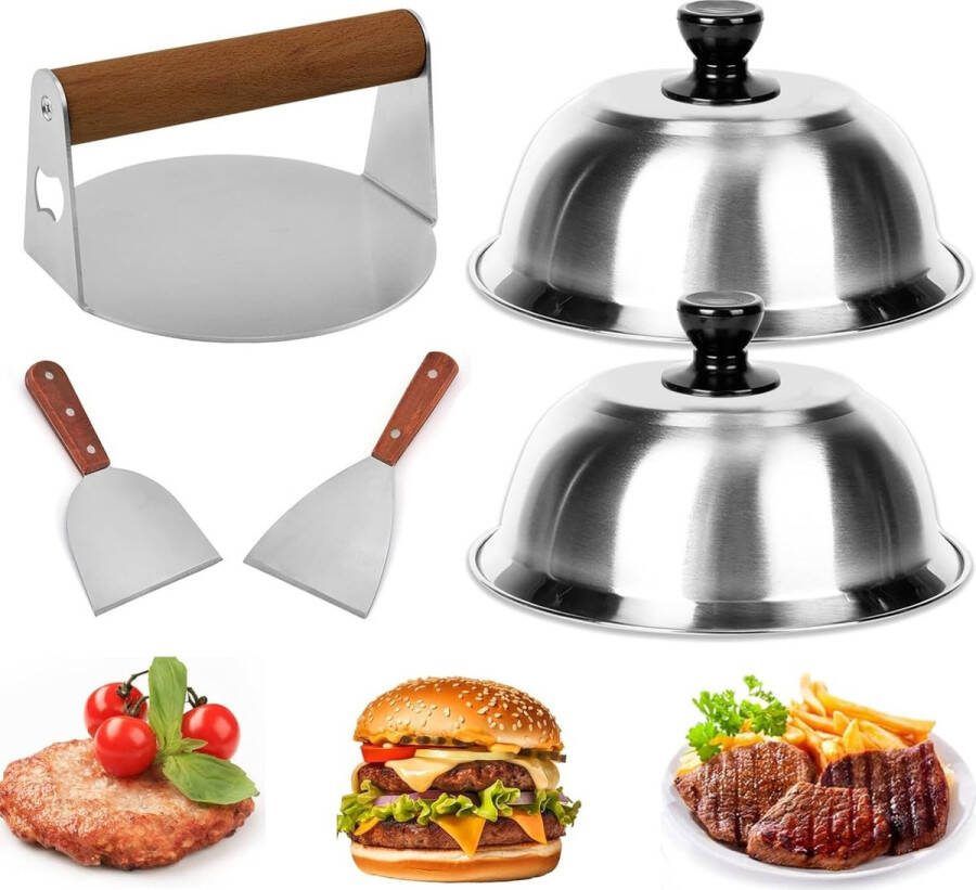 Roestvrij stalen grillbestekset 5-delige burgerset 2 grillspatels van roestvrij staal ronde burgerpers 2 burgerklokken hamburgerssssmasher set voor hamburgers patties steak