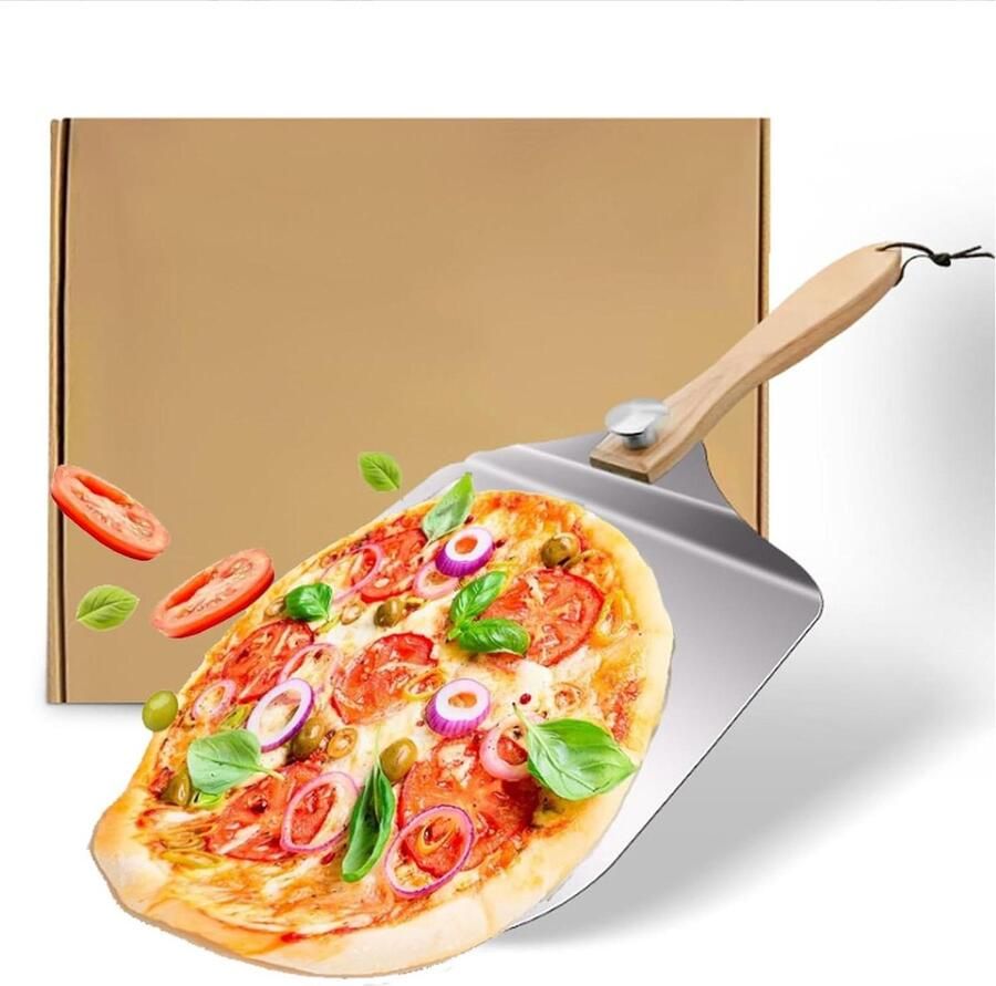 Roestvrij stalen grote pizzaschep voor handgemaakte pizza's aluminium pizzaschep met houten broodgreep