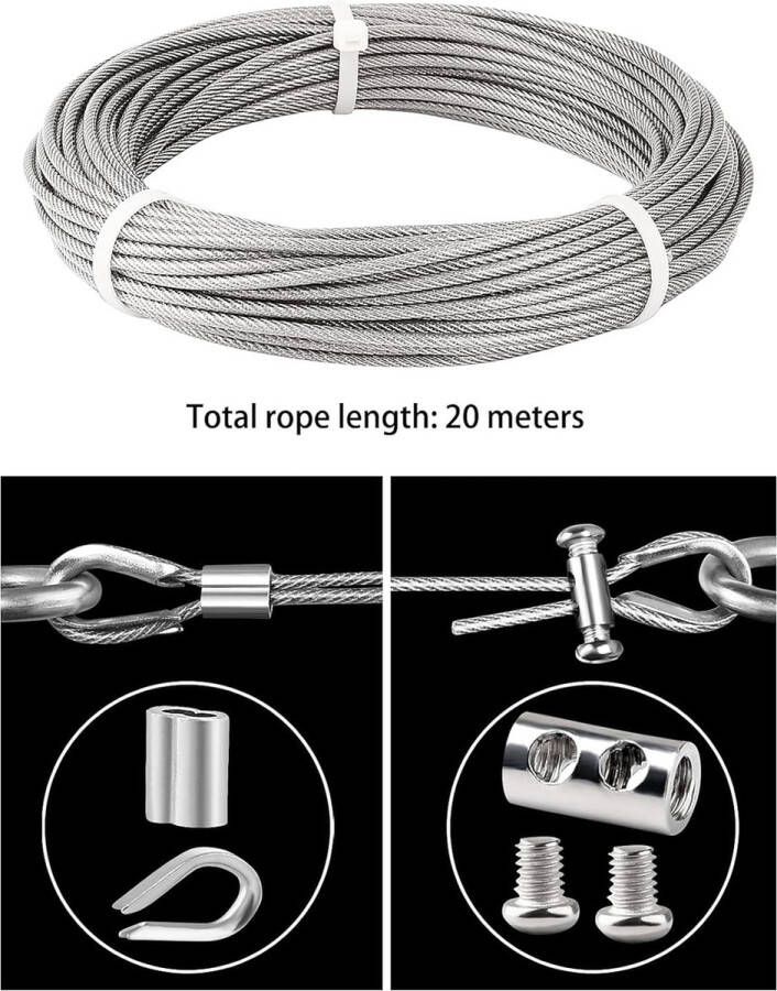 Roestvrij stalen kabel 3 mm 20 m stalen kabel ommanteld 3 mm draadkabel roestvrij staal met ogen draadkabelklem draadkabel bijknippen voor omheining gordijnen ophangen rankhulp roestvrij stalen touw