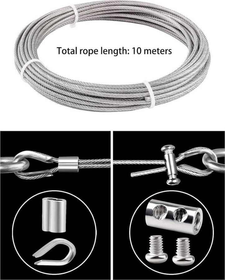 Roestvrij stalen kabel 3 mm 3 mm ommanteld 10 m 3 mm roestvrij stalen staalkabel met kabelklem krimphulzen kabelkousen spandraad voor hek gordijntouw hangende kabel tuindraad voor klimplanten