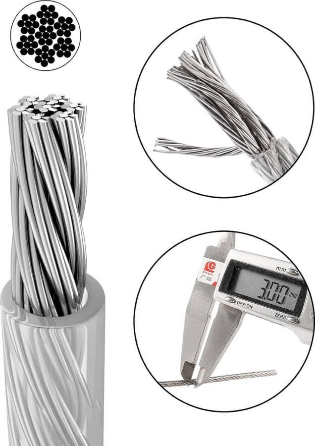 Roestvrij stalen kabel 3 mm 3 mm ommanteld 50 m 3 mm roestvrij stalen staalkabel met kabelklem krimphulzen kabelkousen spandraad voor hek gordijntouw hangende kabel tuindraad voor klimplanten